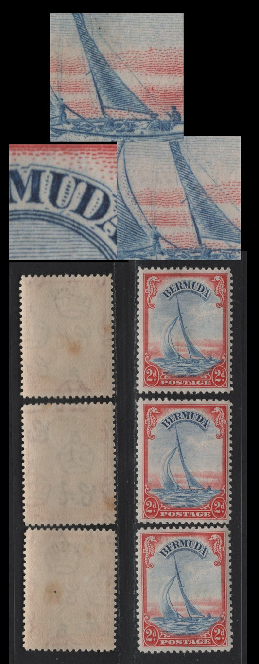 Lot 233 Bermuda SG#112avar 2d Deep Scarlet & Ultramarine , 1936-1952 KGVI Pictorial Issue, 3 VFNH Singles, 1946-48 Line Perf Printing, Translucent Paper With Barely Visible Wmk & Cream Crackly Gum, Potentially Constant Plate Varieties.