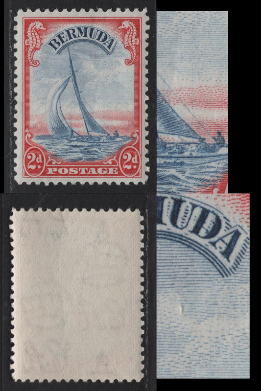 Lot 234 Bermuda SG#112avar 2d Scarlet & Ultramarine , 1936-1952 KGVI Pictorial Issue, A VFNH Single, 1946-48 Printing On Translucent Paper, Barely Visible Wmk & Smooth Appearing Gum, Fine Diagonal Cracks & Line Perf, Fine Vert. Hairline In Ultramarine.