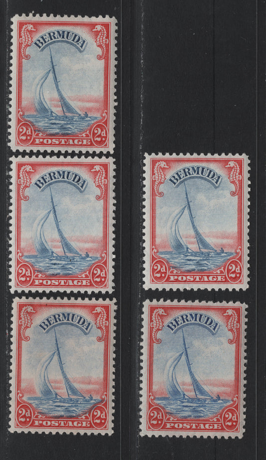 Lot 235 Bermuda SG#112a 2d Scarlet & Ultramarine - Pale Scarlet & Ultramarine , 1936-1952 KGVI Pictorial Issue, 5 VFNH Singles, 1946-48 Line Perf Printings, The Deep Scarlet Is On Different Paper Than The Other 4