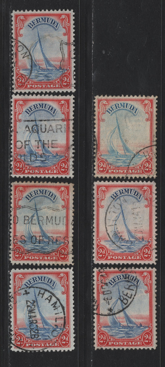 Lot 236 Bermuda (C)SG#112a 2d Scarled-Red & Light Blue - Scarlet & Ultramarine , 1936-1952 KGVI Pictorial Issue, 7 Fine Used Singles, Various Printings, Papers & Perfs