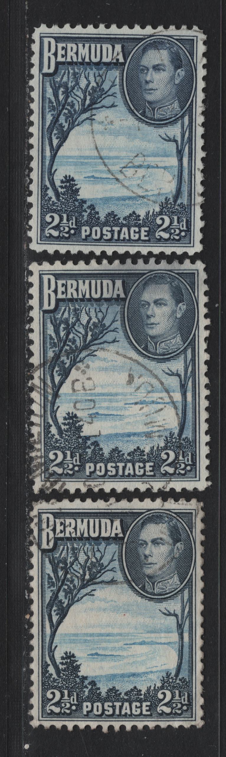 Lot 238 Bermuda (C)SG#113 2.5d Light Blue & Indigo - Light Blue & Deep Gray Blue , 1936-1952 KGVI Pictorial Issue, 3 Very Fine Used Singles, 1938-1941 Line Perf Printings, Opaque Paper With Clear/ & Barely Visible Wmks