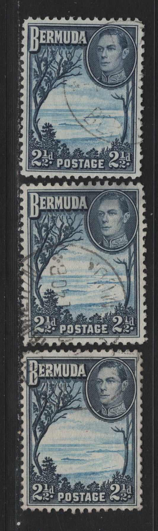 Lot 238 Bermuda (C)SG#113 2.5d Light Blue & Indigo - Light Blue & Deep Gray Blue , 1936-1952 KGVI Pictorial Issue, 3 Very Fine Used Singles, 1938-1941 Line Perf Printings, Opaque Paper With Clear/ & Barely Visible Wmks