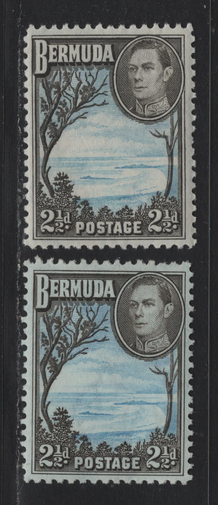 Lot 239 Bermuda SG#113a,c 2.5d Light Blue & Deep Olive Sepia - Light Bright Blue & Deep Olive Sepia , 1936-1952 KGVI Pictorial Issue, 2 VFNH/OG Singles, 1941 or 42 & Scarce Line Perfed 1950 Printings, Different Papers