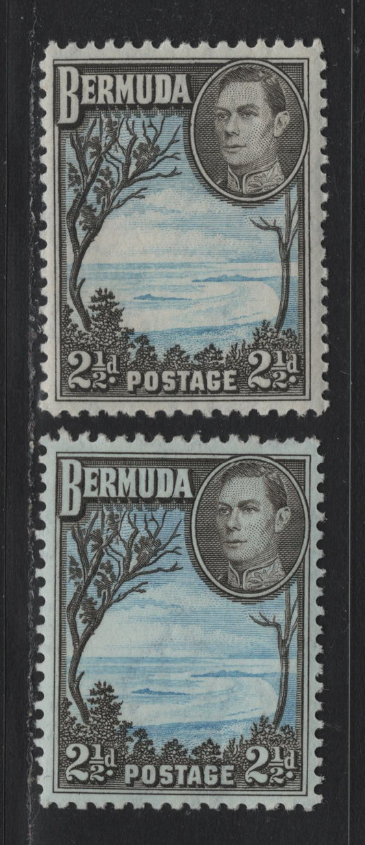 Lot 239 Bermuda SG#113a,c 2.5d Light Blue & Deep Olive Sepia - Light Bright Blue & Deep Olive Sepia , 1936-1952 KGVI Pictorial Issue, 2 VFNH/OG Singles, 1941 or 42 & Scarce Line Perfed 1950 Printings, Different Papers