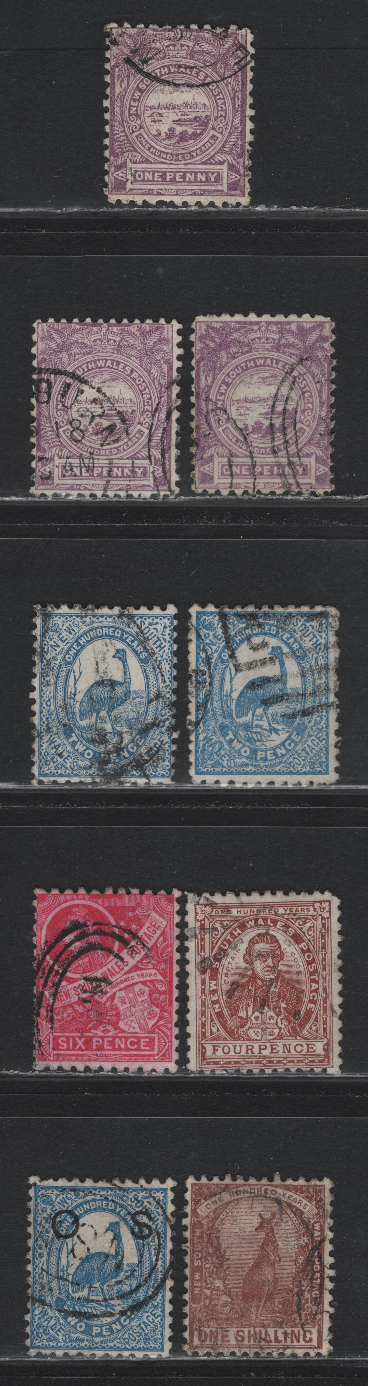 Lot 24 Austalia - New South Wales (C) SG#O40, 253, 253b, 253d, 254, 254e, 255db, 256, 258a 1d-1/- Lilac - Maroon View Of Sydney - Kangaroo, 1888-1889 Centenary Issue, 8 VG, Fine & VF Used Singles Perf. 11 x 12, 12 and 12 x 11.5, & Overprinted OS