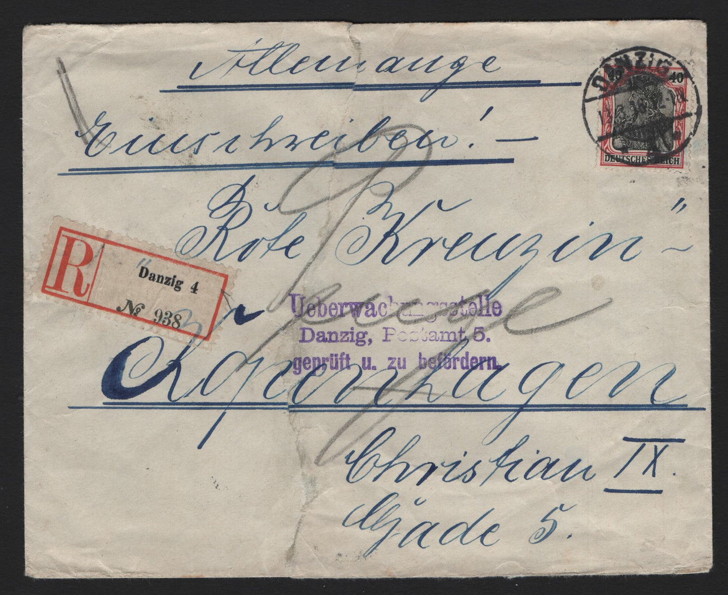 Lot 249 Germany SC#87 40pf - 10m Lake & Black Germania, 1905-1919 Germania Issue, A Very Good Used Cover, Wartime Printing, From Danzig To Denmark, Front Has Been Torn & Repaired With Glue
