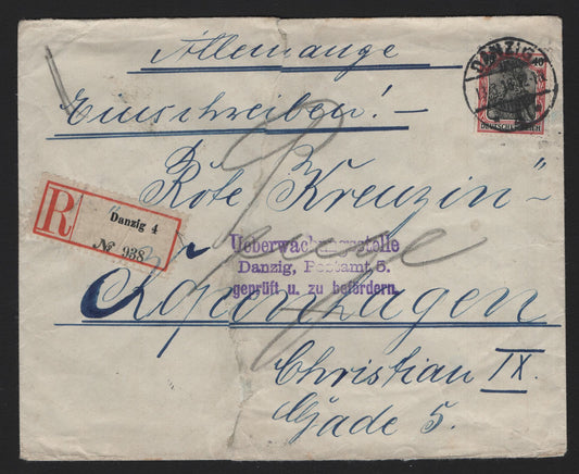 Lot 249 Germany SC#87 40pf - 10m Lake & Black Germania, 1905-1919 Germania Issue, A Very Good Used Cover, Wartime Printing, From Danzig To Denmark, Front Has Been Torn & Repaired With Glue
