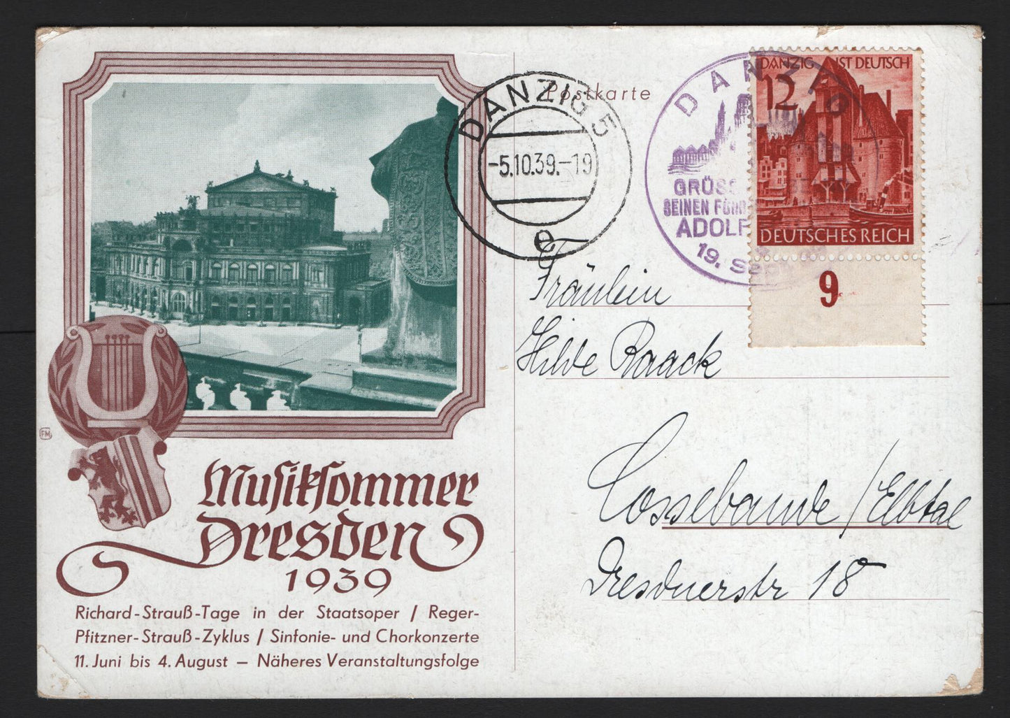 Lot 250 Germany SC#493 12pf Orange Red , 1939 Unification Of Danzig Issue, A Very Fine Used Commemorative Card, Tied With Commemorative Danzig Cancel