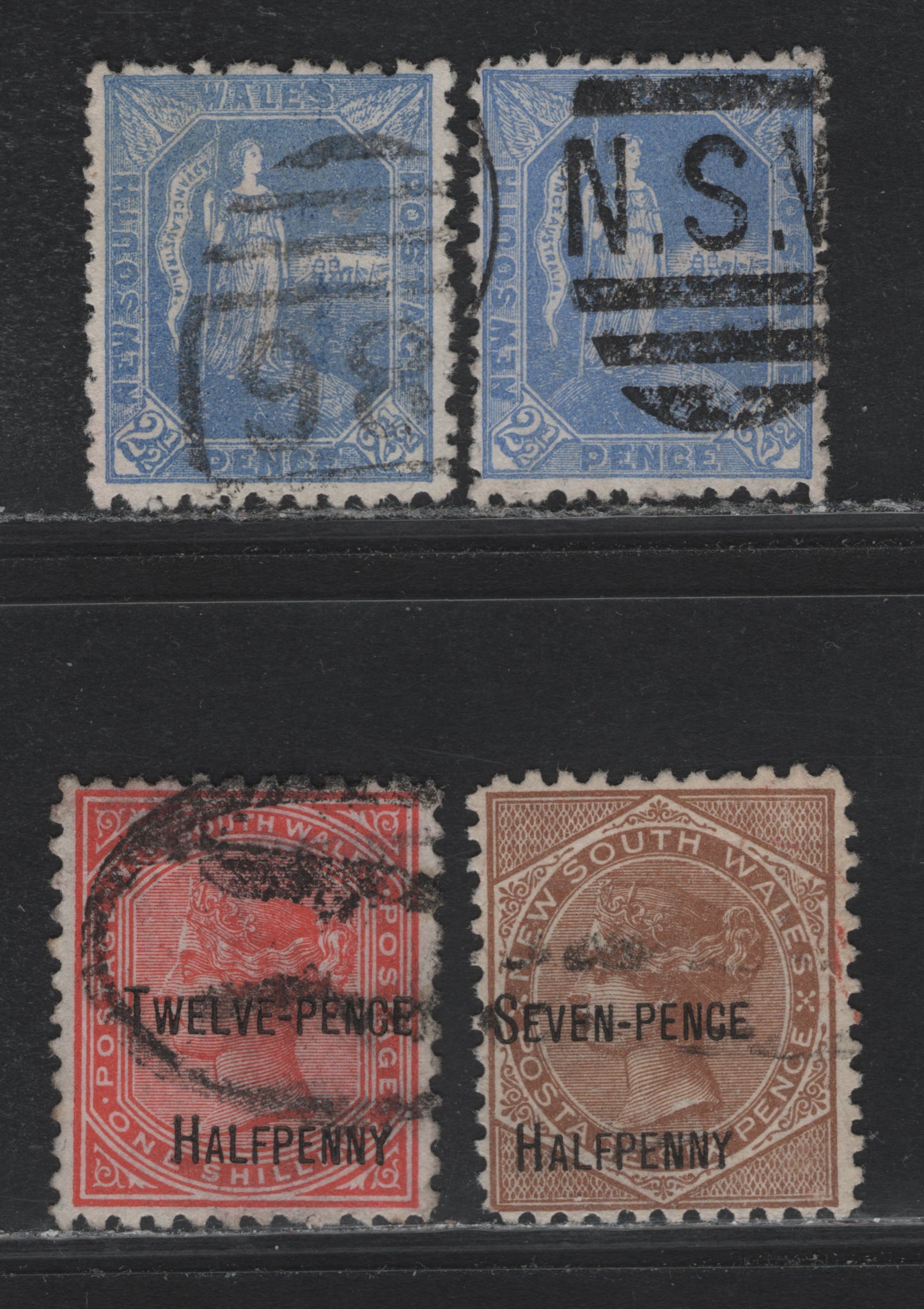 Lot 25 Austalia - New South Wales (C) SG#265, 265c, 267c, 268b 2.5d-12.5d on 1/- Ultramarine - Red Allegorical Figure - Queen Victoria, 1890-1891 Allegory Of Australia & Surcharge Issues, 4 Fine & VF Used Singles Perf. 11 x 12, 12