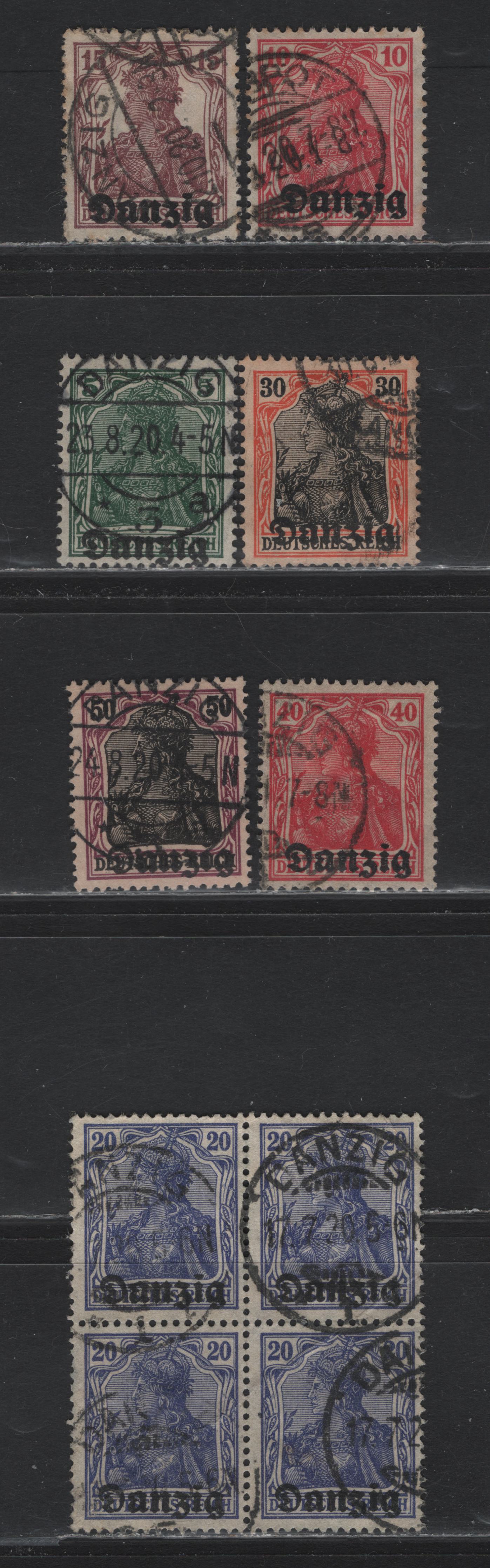 Lot 252 Danzig SC#1/7 (Michel# 1, 2b, 3-7) 5pf - 50pf Green - Purple & Black , 1920 Overprinted Germania Issue, 4 Fine Used Singles & Block Of 4, Postally Used