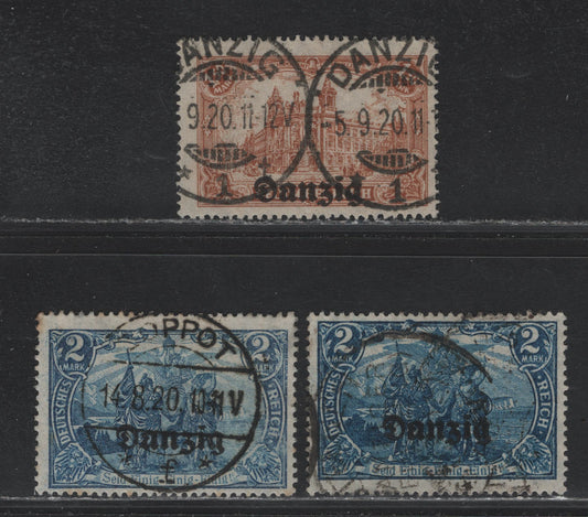 Lot 254 Danzig Michel#10-11 (Michel# 10. 11a-b) 1.5m - 2m Yellow Brown - Dark Cobalt Blue , 1920 Overprinted Danzig Germania Issue, 3 Fine Used Singles, Postall Used Except The 2m Deep Cobalt, Which Is A CTO Zoppot CDS