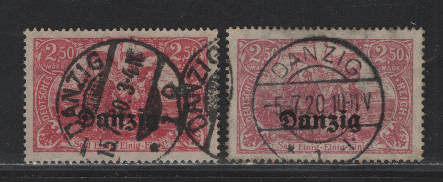 Lot 255 Danzig SC#12-a (Michel# 12a-b) 2.5m Deep Rose Lilac - Magenta , 1920 Overprinted Danzig Germania Issue, 2 Very Fine Used Singles, Posted & CTO Cancels, Magenta Is CTO or Favor Cancel, Deep Rose Lilac Appears To be A Genuine Postal Cancel.