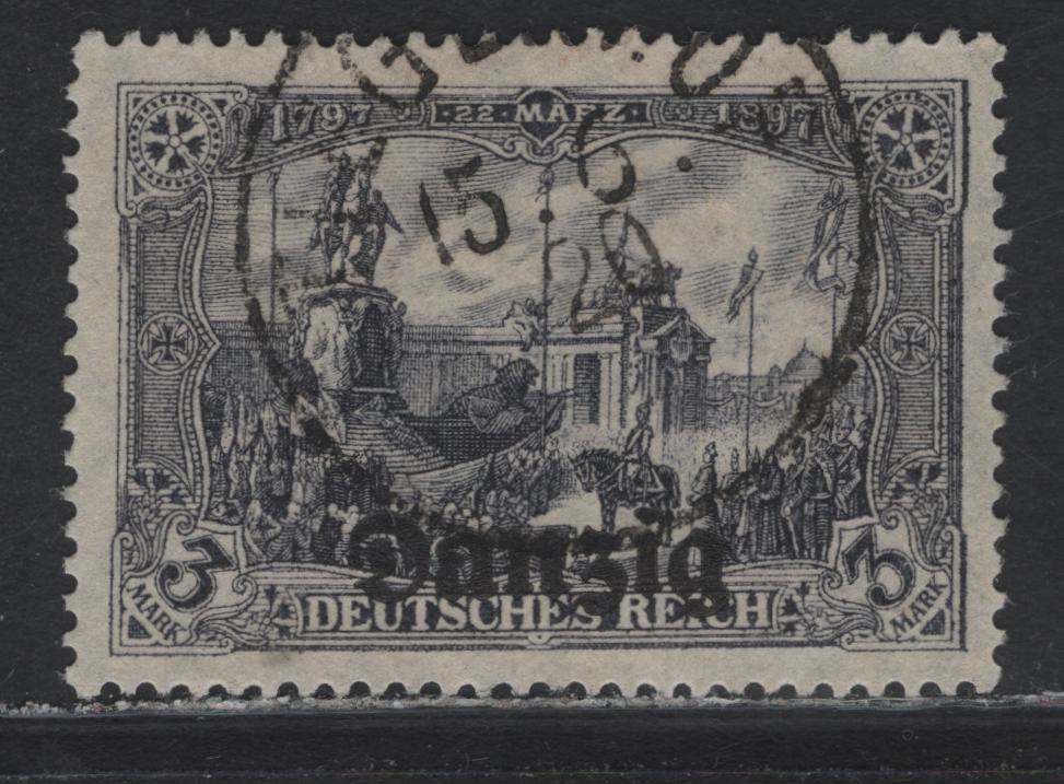 Lot 256 Danzig SC#13 (Michel# 13a) 3m Violet Gray , 1920 Overprinted Danzig Germania Issue, A Very Fine Used Single, CTO Cancel, Doesn't Match Any of the Known Styles, There Appears To Be A Guarantee Handstamp on the Back, But I Don’t Think It Is Genuine.
