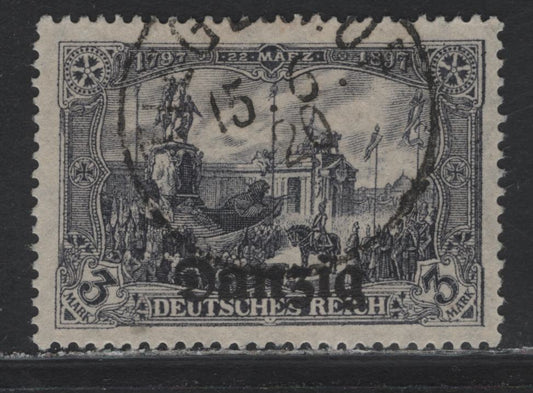 Lot 256 Danzig SC#13 (Michel# 13a) 3m Violet Gray , 1920 Overprinted Danzig Germania Issue, A Very Fine Used Single, CTO Cancel, Doesn't Match Any of the Known Styles, There Appears To Be A Guarantee Handstamp on the Back, But I Don’t Think It Is Genuine.