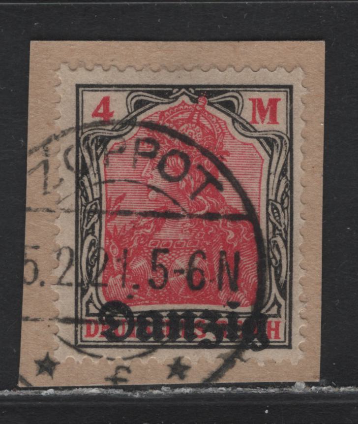 Lot 257 Danzig SC#14 (Michel# 14) 4m Black & Rose , 1920 Overprinted Danzig Germania Issue, A Fine Used Single on Piece, Favor Cancel, Does Not Match the Known Cancels