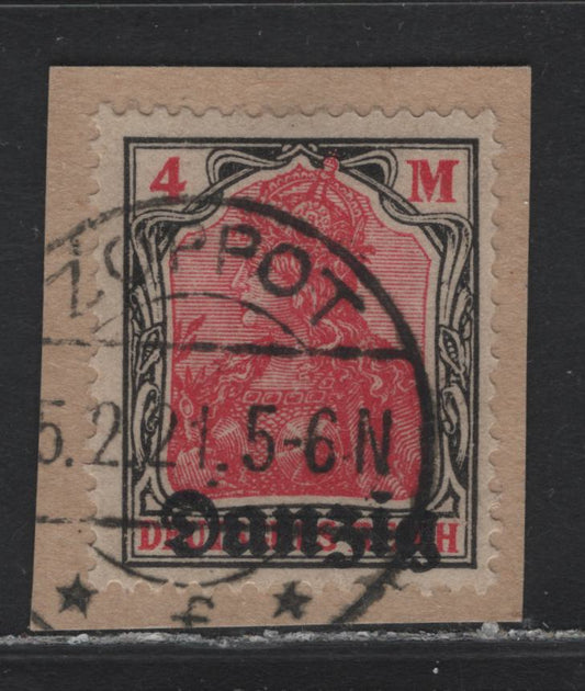 Lot 257 Danzig SC#14 (Michel# 14) 4m Black & Rose , 1920 Overprinted Danzig Germania Issue, A Fine Used Single on Piece, Favor Cancel, Does Not Match the Known Cancels