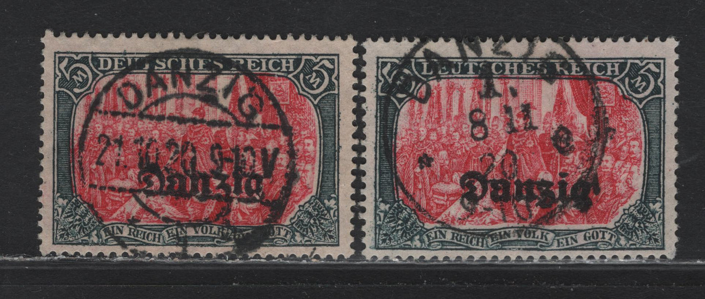 Lot 258 Danzig SC#15 (Michel# 15b) 5m Slate & Carmine , 1920 Overprinted Danzig Germania Issue, 2 Fine Used Singles, 25x17 Holes, One Postally Used Example With October 21, 1920 Danzig CDS, Other Is CTO Of The Earlier Style German Hammer, Used Late.