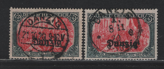 Lot 258 Danzig SC#15 (Michel# 15b) 5m Slate & Carmine , 1920 Overprinted Danzig Germania Issue, 2 Fine Used Singles, 25x17 Holes, One Postally Used Example With October 21, 1920 Danzig CDS, Other Is CTO Of The Earlier Style German Hammer, Used Late.