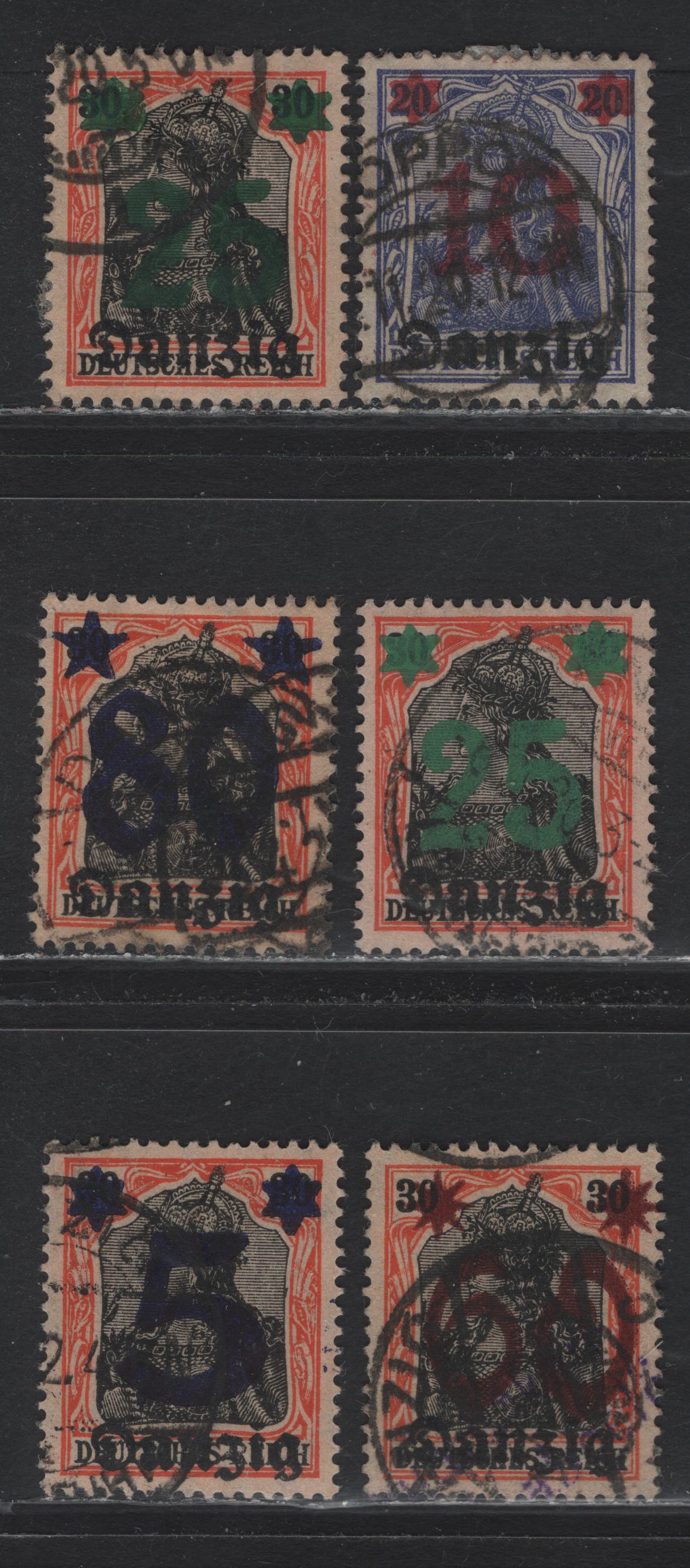 Lot 259 Danzig SC#19-23 (Michel# 16-20) 5pf on 30pf - 80pf on 30pf Black & orange , 1920 Surcharged Germania Issue, 6 Fine/Very Fine Used Singles, All CTO Cancels Except 60pf & 80pf, Which Appear to Be Genuine Postal Cancels