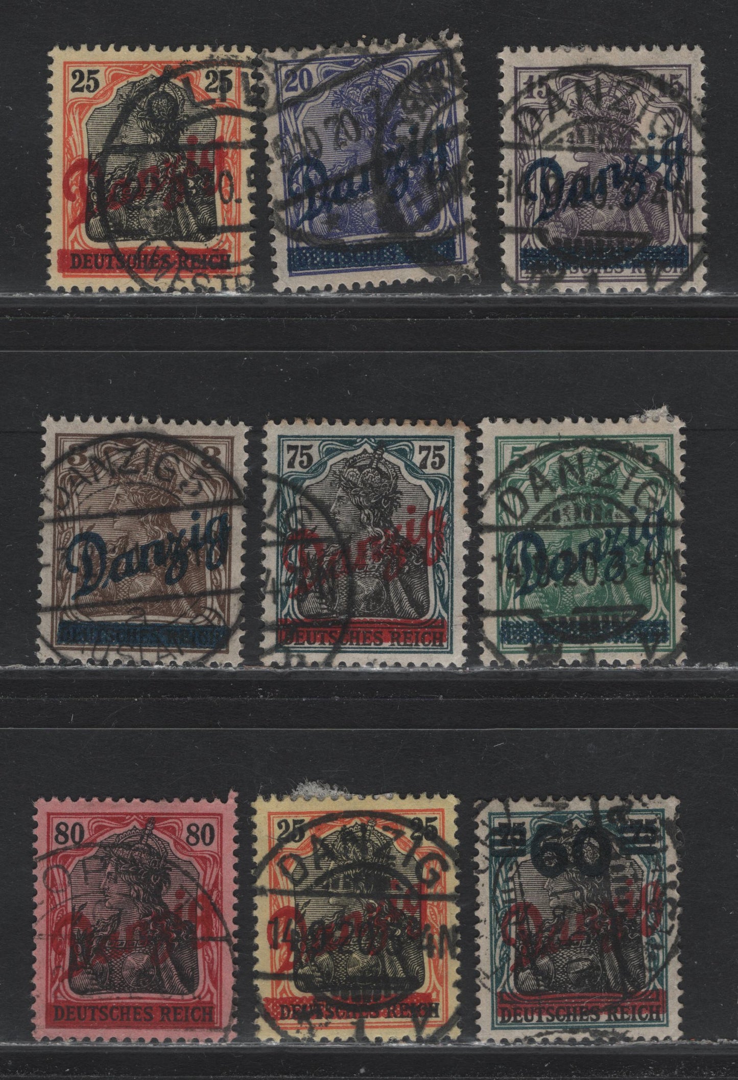 Lot 260 Danzig SC#33-34, 37-39, 45-46, 62 (Michel# 21-22a, 23-25, 34, 40, 72) 3pf - 60pf on 75pf Brown - Dark Blue Green & Black , 1920 Diagonal Danzig Overprinted Germania Issue, 9 Very Fine Used Singles, All CTO Except One 25pf & 20pf