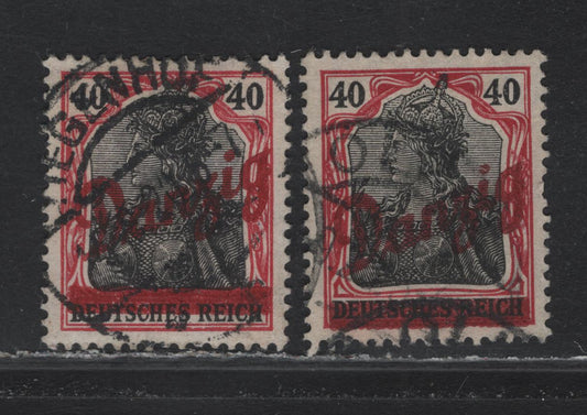 Lot 261 Danzig Michel#38a-b (SC# 42) 40pf Dark Lilac Red & Black - Dark Carmine Red & Black , 1920 Diagonal Danzig Overprinted Germania Issue, 2 Very Fine Used Singles, CTO Cancels