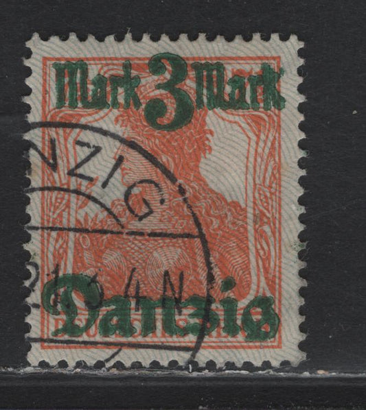 Lot 264 Danzig SC#28a (Michel# 29II) 30 on 7.5pf Orange , 1920 Surcharged Germania Issue, A Very Fine Used Single, Gray Burlage Having Points Down