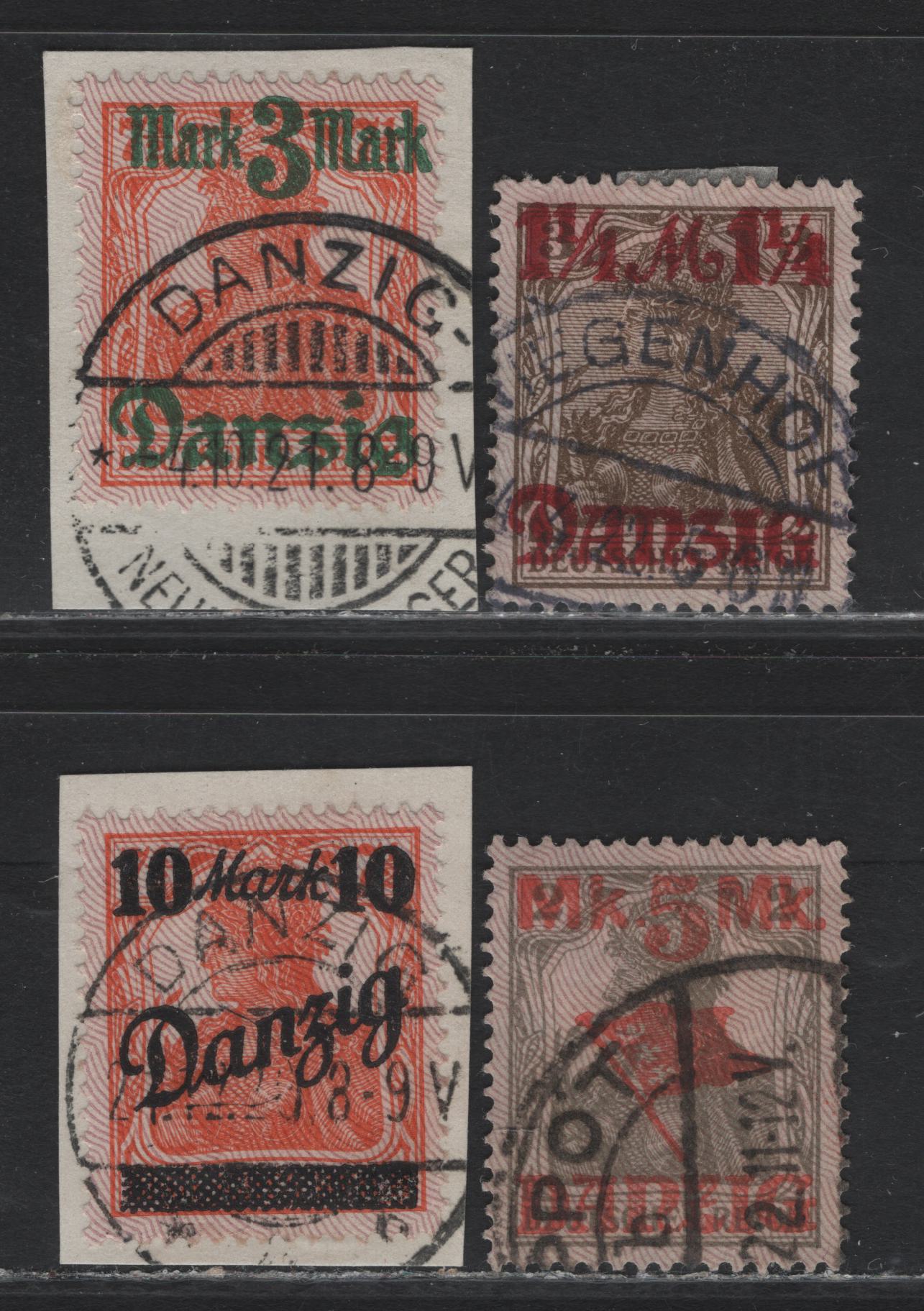 Lot 266 Danzig SC#26b, 28b, 29bm 30m (Michel# 42I, 44I, 45I, 46I) 1.25m on 3pf - 10m on 7.5pf Brown - Red Orange , 1920 Surcharged Germania Issue, 4 Very Fine Used Singles, Gray Burlage Having Points Up, Postal Cancels