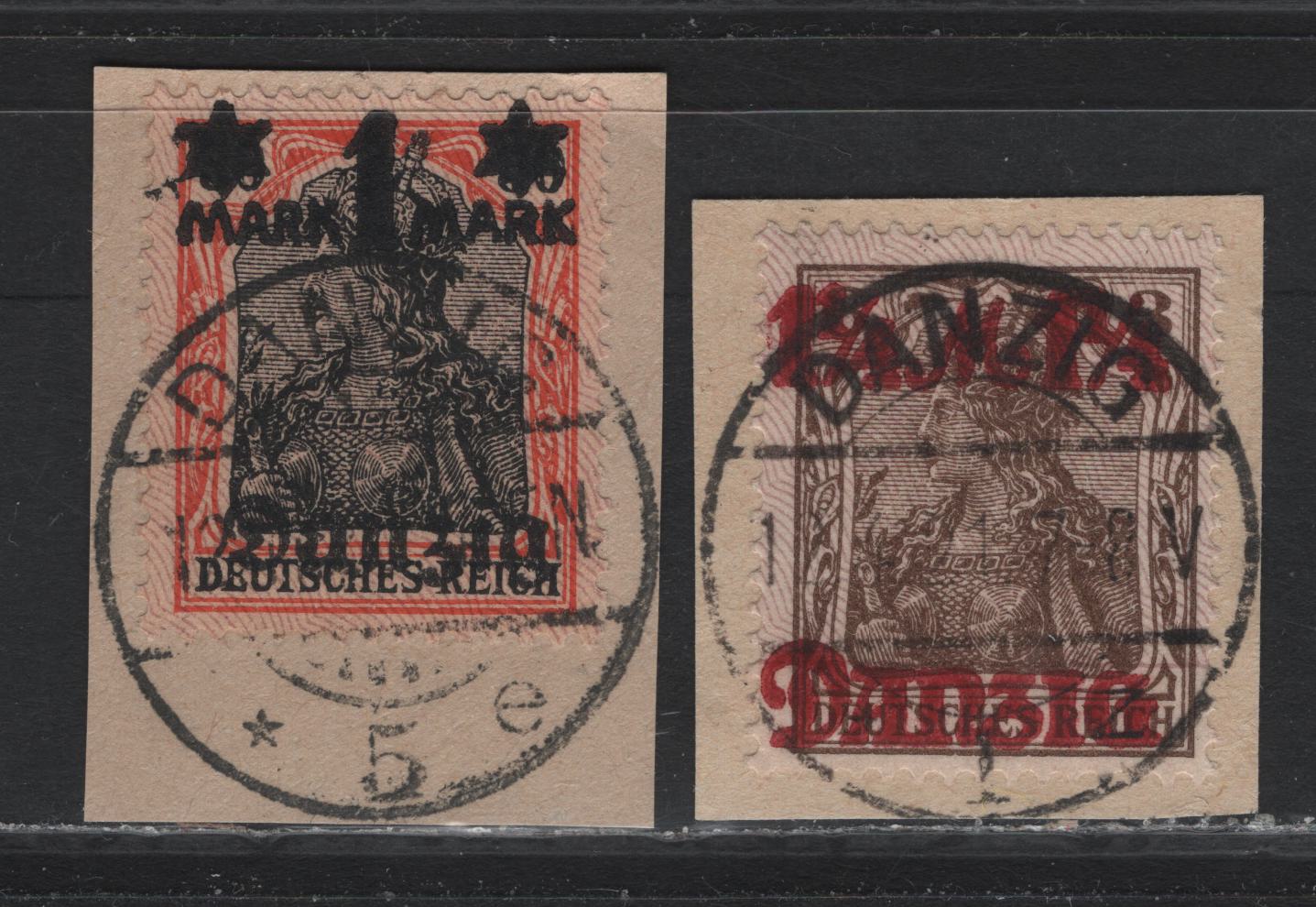 Lot 267 Danzig SC#25c, 26c (Michel# 41II, 42II) 1m on 30pf - 1.25m on 3pf Orange & Black - Brown , 1920 Surcharged Germania Issue, 2 Fine/Very Fine Used Singles on Piece, Gray Burlage Having Points Down, CTO/Forged Cancels