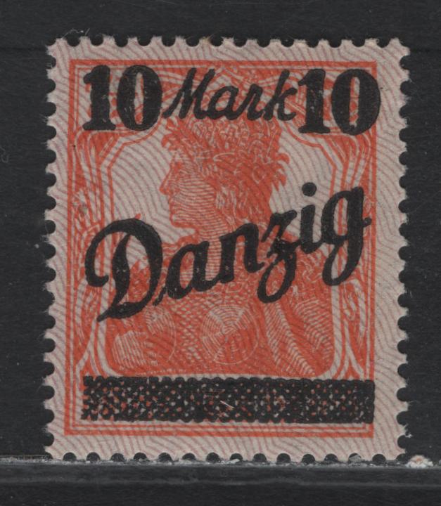 Lot 268 Danzig SC#30c (Michel# 46II) 10m on 7.5pf Red Orange , 1920 Surcharged Germania Issue, A FOG Single, Violet Burlage Having Points Down