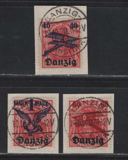 Lot 270 Danzig SC#C1-C3 (Michel# 50-52) 40pf on 40pf - 1m on 40pf Lively Red Carmine , 1920 Airmail Overprinted Germania Issue, 3 Fine/Very Fine Used Singles, CTO Cancels on Examples Tied to Piece
