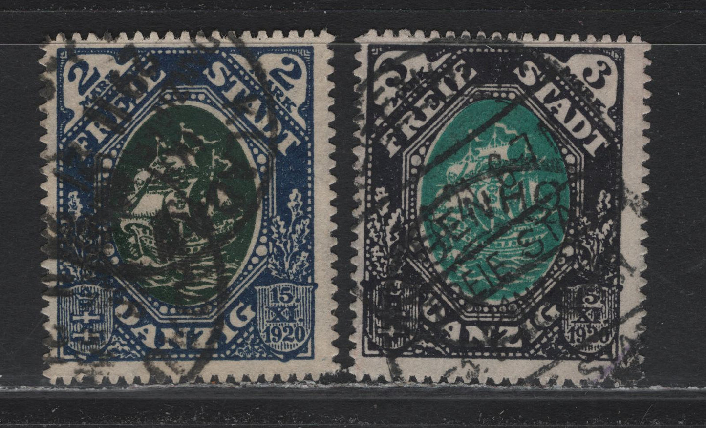 Lot 273 Danzig SC#55-56 (Michel# 59-60) 2m - 3m Dark Blue & Dark Green - Black & Greenish Blue , 1921 Hanseatic Trading Ship Definitive, 2 Fine Used Single, Postal Cancels