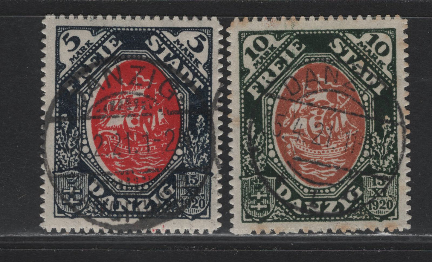 Lot 274 Danzig SC#57-58 (Michel #61-62) 5m Indigo & Rose Red & 10m Dark Green & Brown Orange Serrate Roulette, 5M is CTO, 10m Postal Cancel