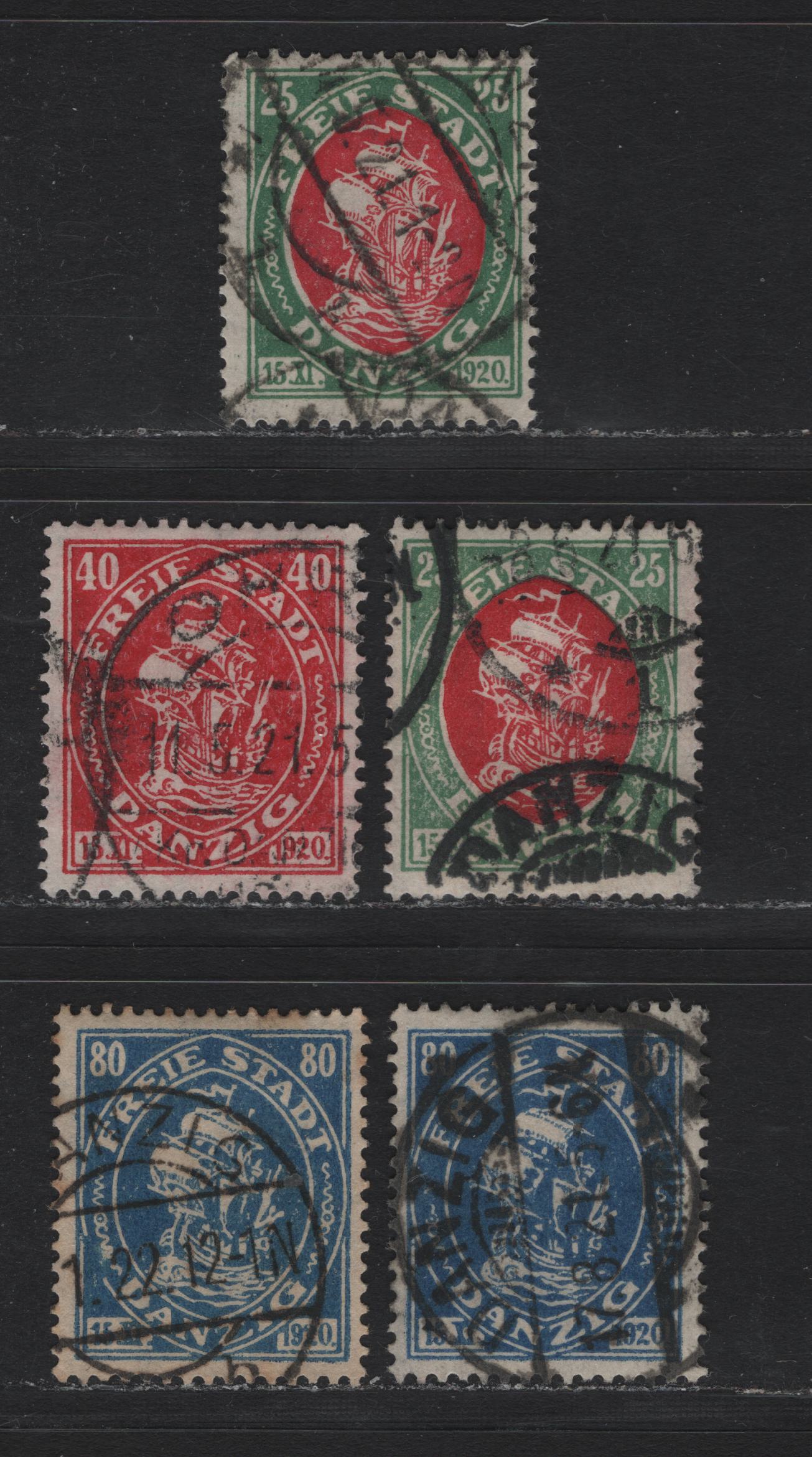 Lot 275 Danzig SC#59-61 (Michel# 63-65) 25pf - 80pf Green & Carmine Rose - Ultramarine , 1921 Hanseatic Trading Ship Definitive, 5 Fine/Very Fine Used Singles, Perf 14, Two Shade Variations Of Each Of 25pf & 40pf, Postal Cancels Except The 40pf & A 80pf.