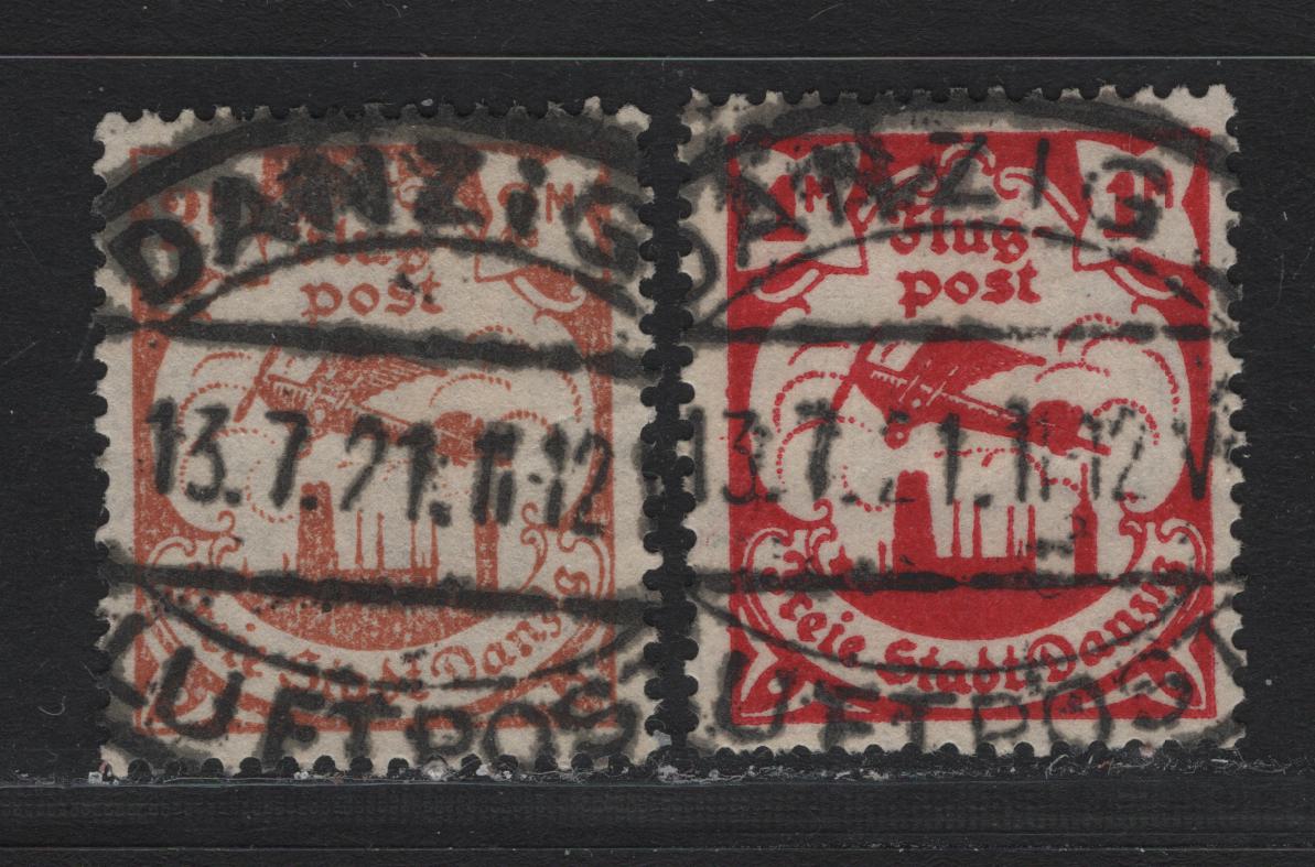 Lot 277 Danzig SC#C6-C7 (Michel# 68ax, 69x) Carmine Red - Orange Brown , 1921-1922 Airmail Issue, 2 Very Fine Used Singles, Postally Used Examples Dated July 13th 1921
