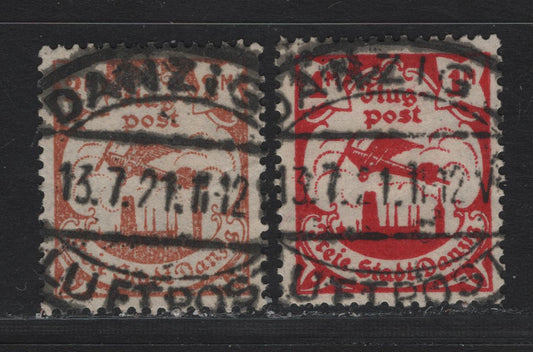 Lot 277 Danzig SC#C6-C7 (Michel# 68ax, 69x) Carmine Red - Orange Brown , 1921-1922 Airmail Issue, 2 Very Fine Used Singles, Postally Used Examples Dated July 13th 1921