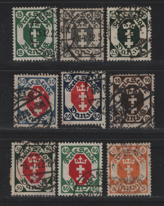 Lot 278 Danzig SC#63/70 (Michel# 73/80) 5pf - 50pf Orange - Dark Green & Carmine , 1921-1922 Arms Issue, 9 Fine/Very Fine Used Singles, Honeycomb Upright Wmk, All Postal Cancels Except The 5pf, 15pf & Deeper Shade of the 30pf