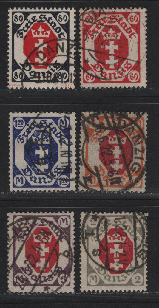 Lot 279 Danzig SC#71-76 (Michel# 81a, 82-86) 60pf - 3m Lilac Red - Violet & Carmine , 1921-1922 Arms Issue, 6 Fine Used Singles, All Posted Cancels Except 80pf, Which Is CTO