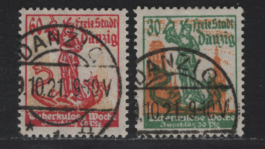 Lot 282 Danzig SC#B1-B2 (Michel# 90-91) 30pf+30pf - 60pf+60pf Green & Orange - Rose & Orange , 1921 Semi Postal Issue, 2 Fine/Very Fine Used Singles, Posted Cancels Dated October 20 or 30 1921 (Set Was Issued October 18th)