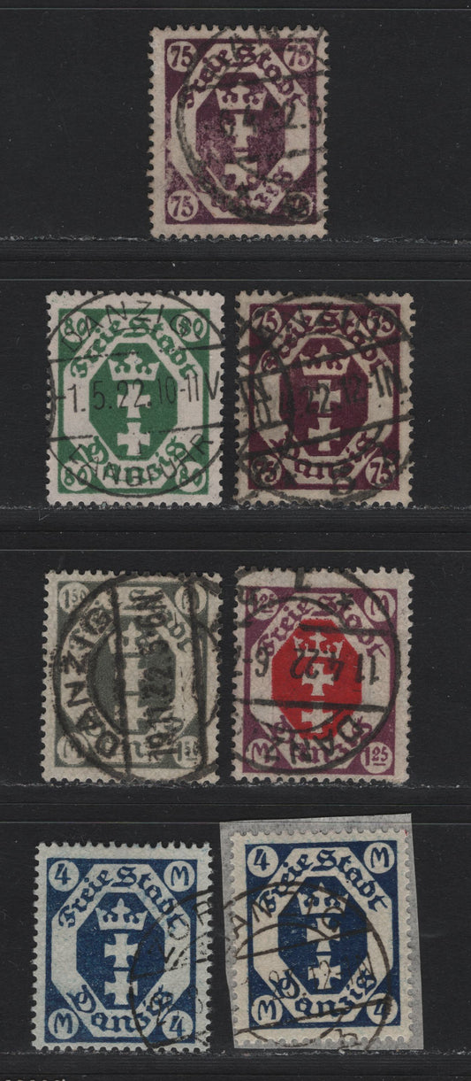Lot 283 Danzig SC#81-84, 88 (Michel# 93-95, 98, 103) 75pf - 4m Deep Red Violet - Dark Blue , 1922 Arms Issue, 7 Fine/Very Fine Used Singles, Upright Honeycomb Wmk, Two Shades Each Of 74pf & 4m, All Posted Cancels Except 80pf & Both 4m's,Which Are CTO.
