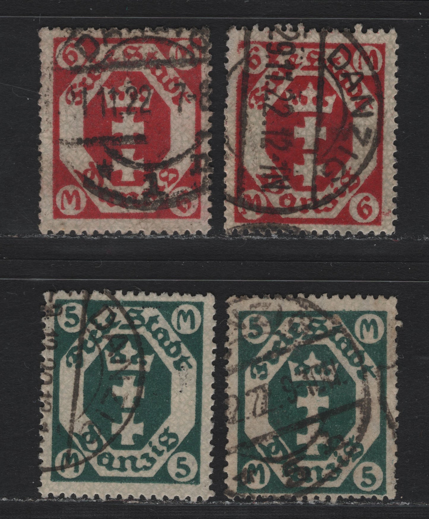 Lot 285 Danzig Michel#108-109a-b (SC# 89-90) 5m - 6m Deep Green - Red Carmine , 1922 Arms Issue, 4 Fine/Very Fine Used Singles, Honeycomb Wmk, Postal Cancels On All But Red Carmine, Looks Postal, But Not Enough Detail To be Sure, So Counted As CTO.