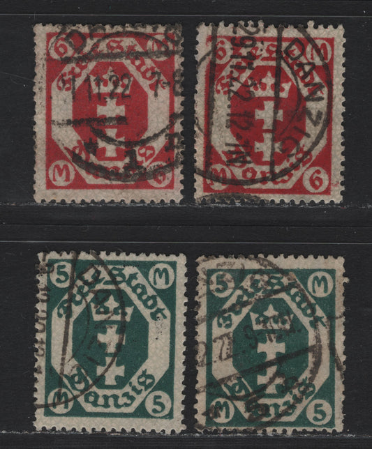 Lot 285 Danzig Michel#108-109a-b (SC# 89-90) 5m - 6m Deep Green - Red Carmine , 1922 Arms Issue, 4 Fine/Very Fine Used Singles, Honeycomb Wmk, Postal Cancels On All But Red Carmine, Looks Postal, But Not Enough Detail To be Sure, So Counted As CTO.