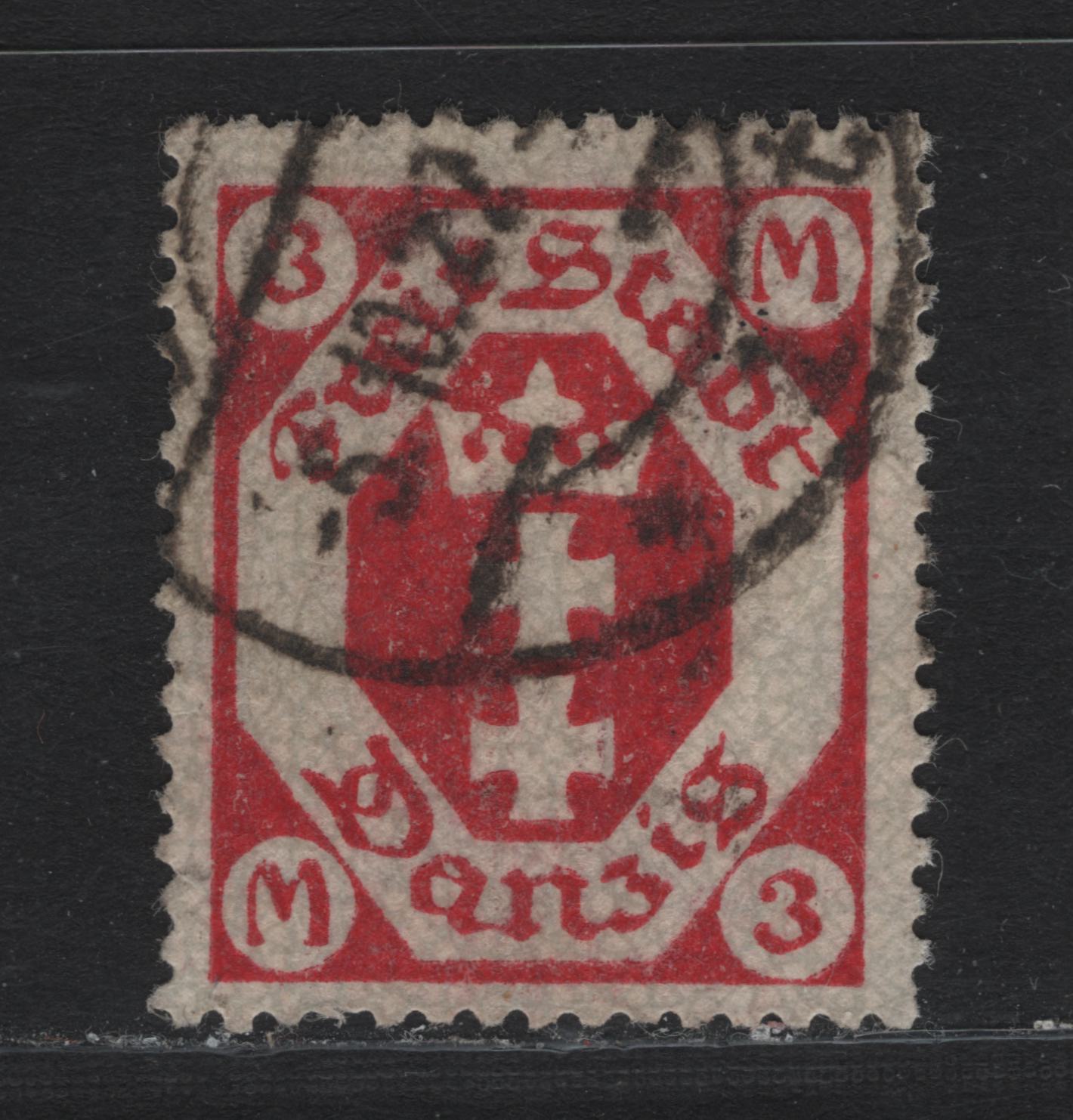 Lot 286 Danzig SC#87 (Michel# 104a) 3m Lilac Red , 1922 Arms Issue, A Very Fine Used Single, Postally Used, Glows Carmine Lilac Under UV