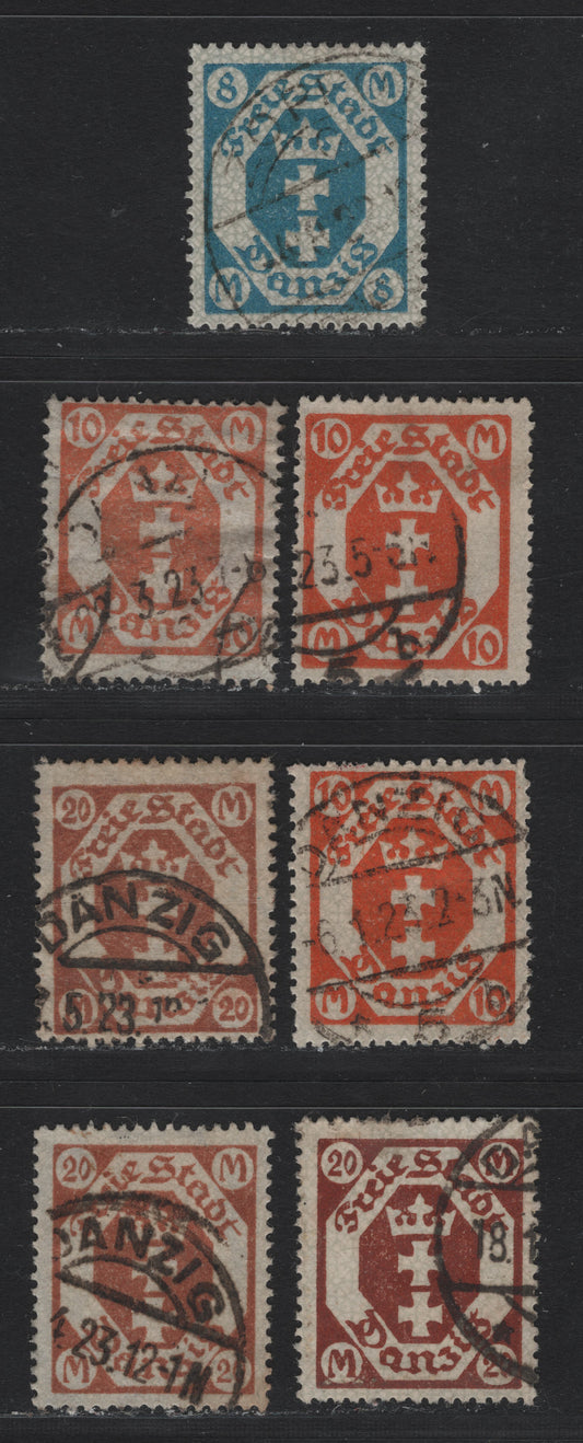 Lot 287 Danzig SC#91-93, 102b, 103,b (Michel# 105, 110-114, 128x, 126x,y) 8pf - 20pf Light Blue - Brown Orange , 1922-1923 Arms Issue, 6 Fine/Very Fine Used Singles, Upright Honeycomb, Sideways & Upright Webbing Wmks, All Postally Used Except 8m (CTO)