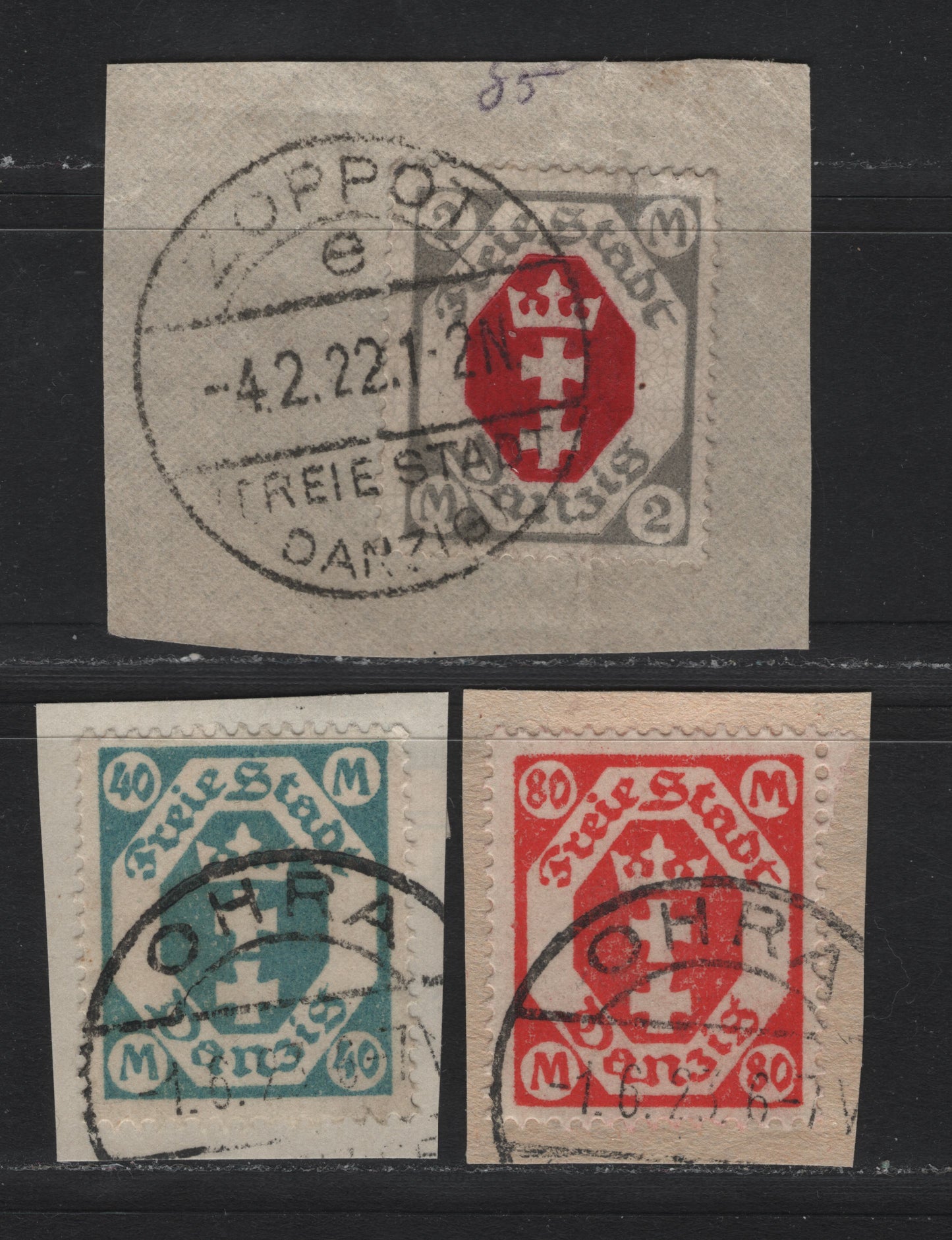 Lot 288 Danzig SC#75, 104-105 (Michel# 138, 140, 85) 2m - 80m Gray & Carmine - Red , 1921-1922 Arms Issue, 3 Fine/Very Fine Used Singles on Piece, Honeycomb & Upright Webbing Wmks, Favor Cancels