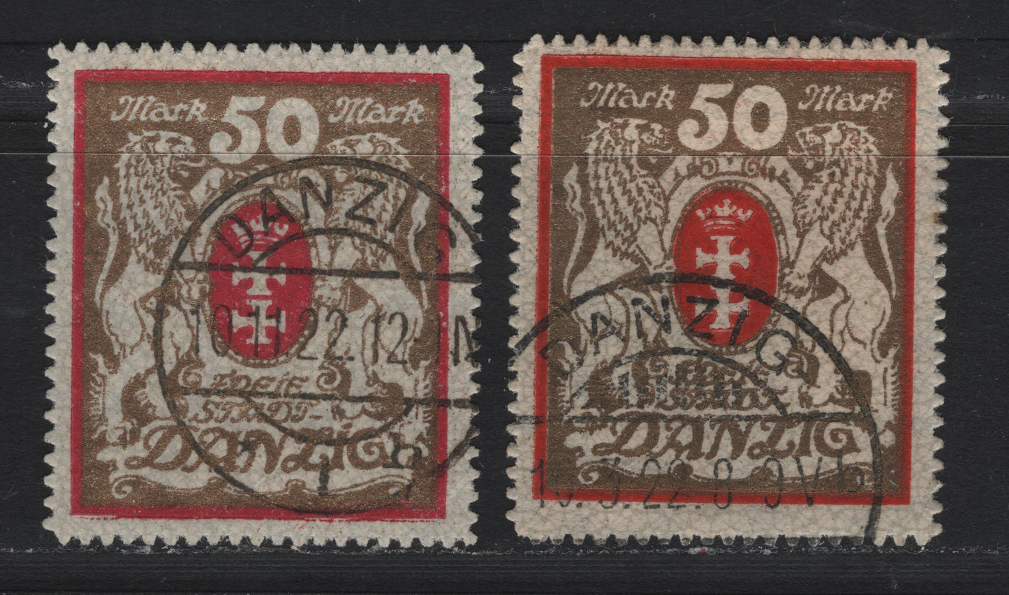 Lot 289 Danzig SC#94,c (Michel# 100xb, 100xa) 50m Gold & Carmine , 1922-1923 Arms Issue, 2 Fine/Very Fine Used Singles, Upright & Sideways Honeycomb Wmks, CTO Cancel On Gold & Red, Postal Cancel Dates October 11 1922.