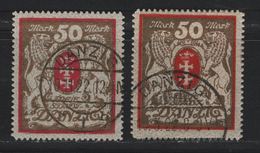 Lot 289 Danzig SC#94,c (Michel# 100xb, 100xa) 50m Gold & Carmine , 1922-1923 Arms Issue, 2 Fine/Very Fine Used Singles, Upright & Sideways Honeycomb Wmks, CTO Cancel On Gold & Red, Postal Cancel Dates October 11 1922.