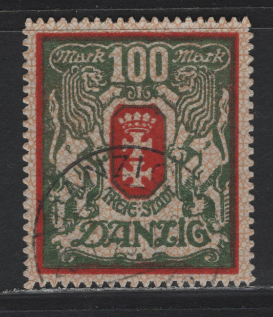Lot 290 Danzig SC#95b (Michel# 101y) 100m Metallic Green & Red Arms, A Very Fine Used Single, CTO Cancel