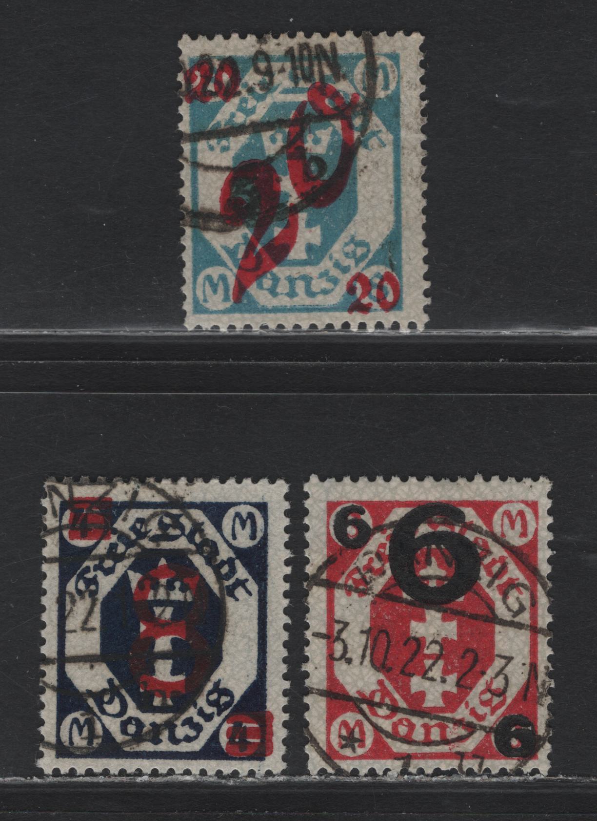 Lot 291 Danzig SC#96-98 (Michel# 106a-107, 102) 6m on 3m - 20m on 8m , 1922 Surcharged Issue, 3 Fine Used Singles, Postally Used