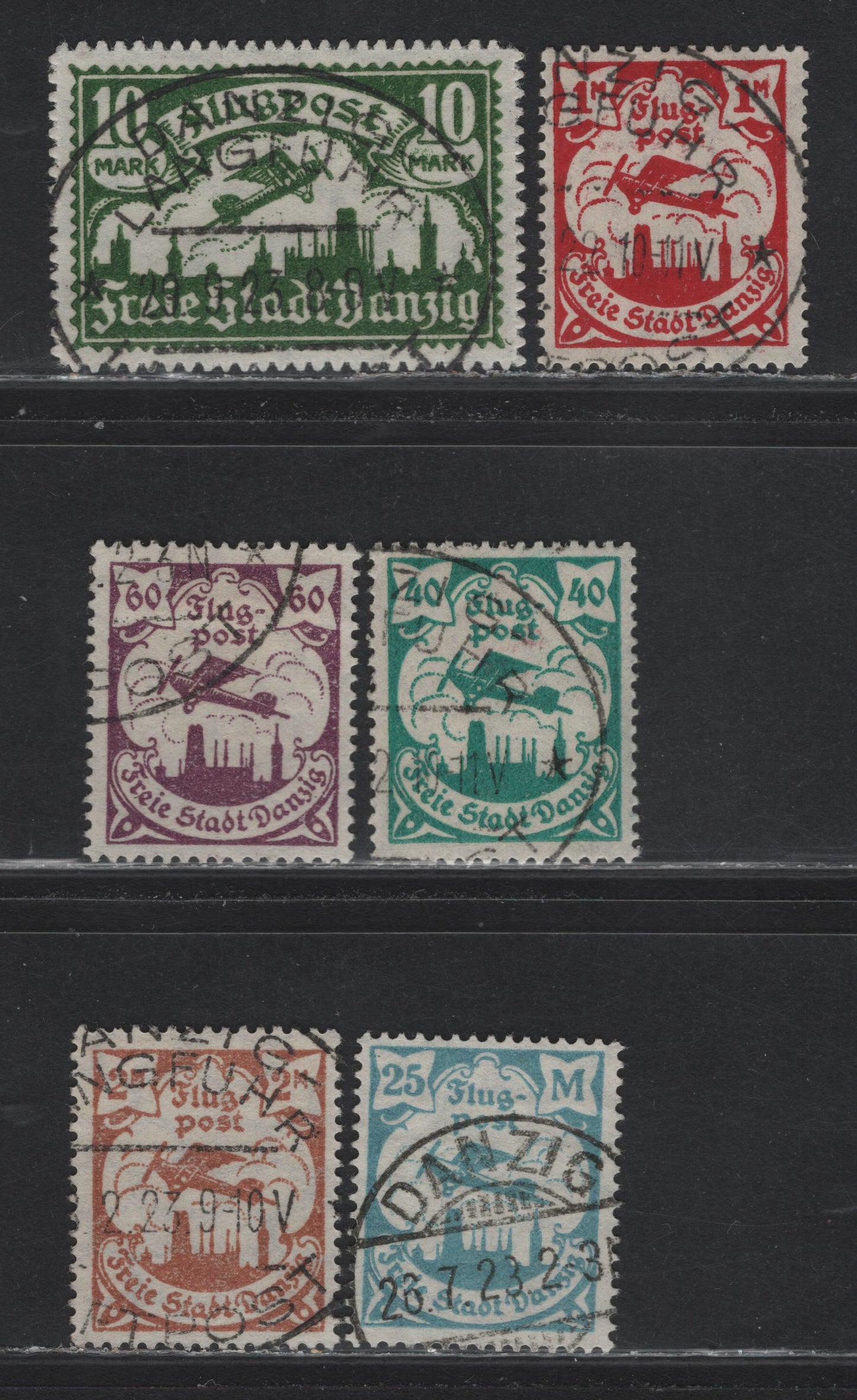 Lot 292 Danzig Michel#66x, 86xb, 113, 115, 117, 133 (SC# C4, C6, C11, C13-C14, C18) 40pf - 10m Blue Green - Deep Green , 1921-1923 Airmail Issues, 6 Very Fine Used Singles, Upright Honeycomb & Webbing Wmk, CTO Cancels On All Except 10m (Looks Genuine)