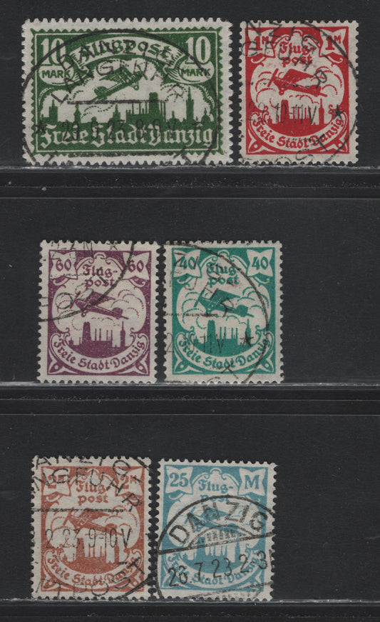 Lot 292 Danzig Michel#66x, 86xb, 113, 115, 117, 133 (SC# C4, C6, C11, C13-C14, C18) 40pf - 10m Blue Green - Deep Green , 1921-1923 Airmail Issues, 6 Very Fine Used Singles, Upright Honeycomb & Webbing Wmk, CTO Cancels On All Except 10m (Looks Genuine)
